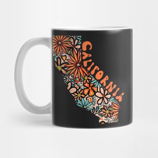 California State Design | Artist Designed Illustration Featuring California State Outline Filled With Retro Flowers with Retro Hand-Lettering Mug